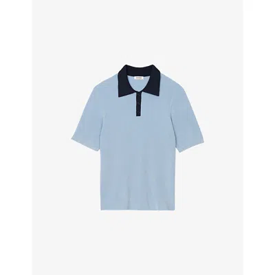 Sandro Mens Bleus Contrast-collar Stretch-knit Polo Shirt