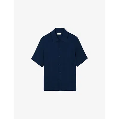 Sandro Mens Bleus Crinkled Micro-pleat Woven Shirt