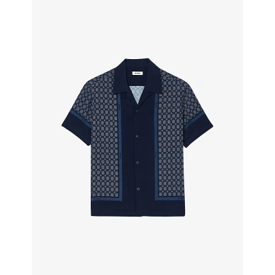 Sandro Mens Bleus Graphic Panel-print Woven Shirt