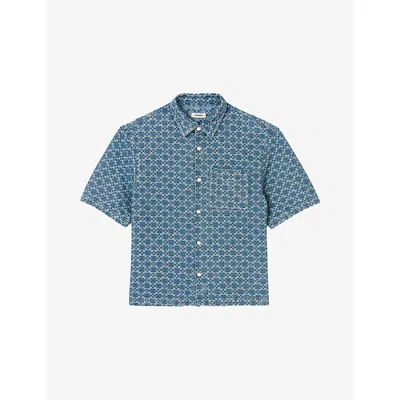 Sandro Mens Bleus Graphic-print Patch-pocket Denim Shirt