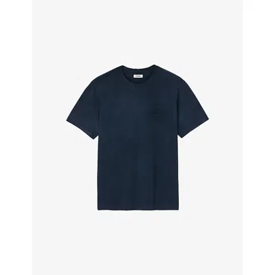 Sandro Mens Bleus Logo-patch Relaxed-fit Cotton T-shirt Xs