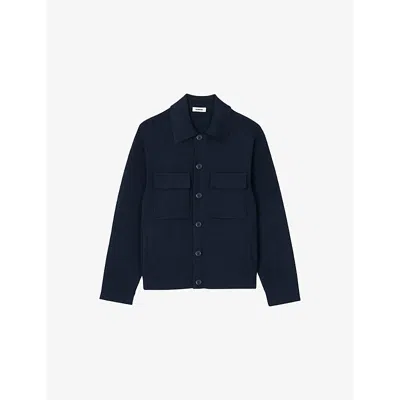 Sandro Mens Bleus Patch-pocket Marl-pattern Knitted Cardigan
