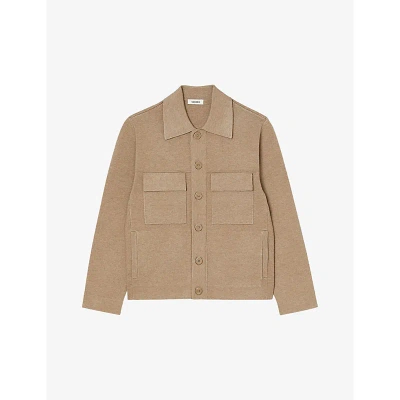 Sandro Mens Bruns Patch-pocket Marl-pattern Knitted Cardigan In Bruns