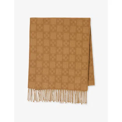 SANDRO MENS CAMEL MONOGRAM-PATTERN FRINGED WOOL SCARF