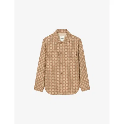 Sandro Mens Camel Square-cross Jacquard Stretch Wool-blend Overshirt In Multi