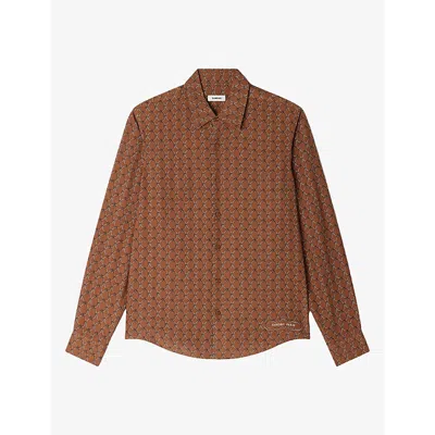 Sandro Mens Chain-print Long-sleeve Woven Shirt Tobacco Brown In Nude