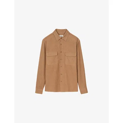 Sandro Mens Chambray Flap-pocket Flannel Cotton Shirt In Brown