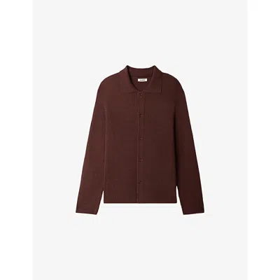 Sandro Mens Chocolate Collared Waffle-knit Cashmere-blend Shirt In Brown