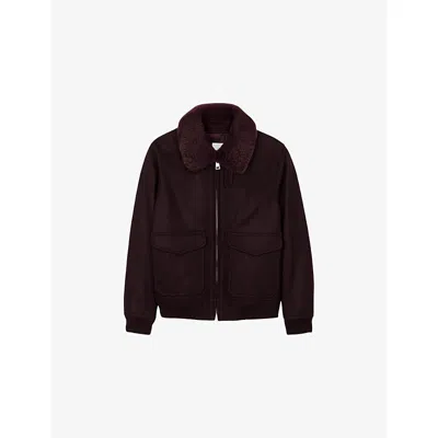 SANDRO MENS CHOCOLATE SHEARLING-COLLAR WOOL-BLEND AVIATOR JACKET