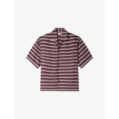 Sandro Mens Chocolate Striped Boat-neck Relaxed Woven Shirt In Burgundy