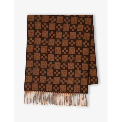 SANDRO MENS COGNAC MONOGRAM-PATTERN FRINGED WOOL SCARF