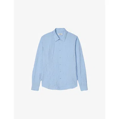 Sandro Mens Sky Blue Crinkled-texture Regular-fit Woven Shirt