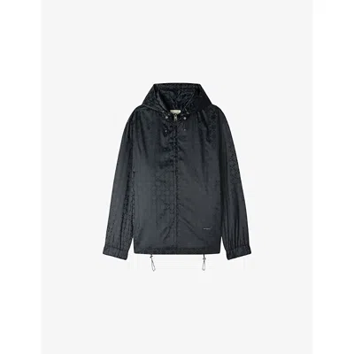 Sandro Mens Dark Grey Graphic-print Hooded Nylon Jacket In Blue
