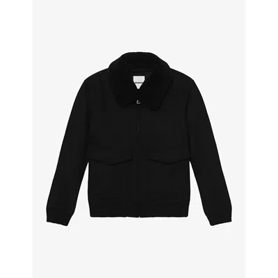 Sandro Mens  Fleece-collar Patch-pocket Wool-blend Aviator Jacket In Noir / Gris