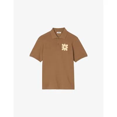 Sandro Mens Naturels Flower-appliqué Short-sleeved Cotton Polo Shirt