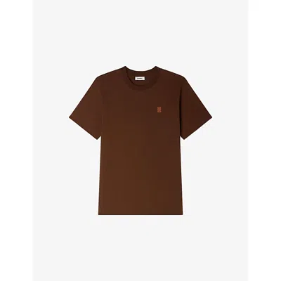 Sandro Mens Ginger Bread Logo-patch Crewneck Cotton T-shirt In Brown