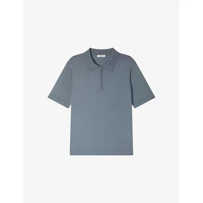 Sandro Mens Grey / Blu Zipped Stretch-woven Polo Shirt In Blue