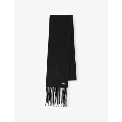 Sandro Mens Heather Charcoal Logo-plaque Fringed Wool Scarf In Gray