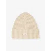Sandro Mens Butter Cream Logo-patch Ribbed Knitted Beanie Hat In Neutral
