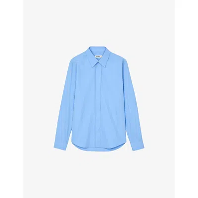 Sandro Mens Blue Office Long-sleeved Regular-fit Cotton Shirt