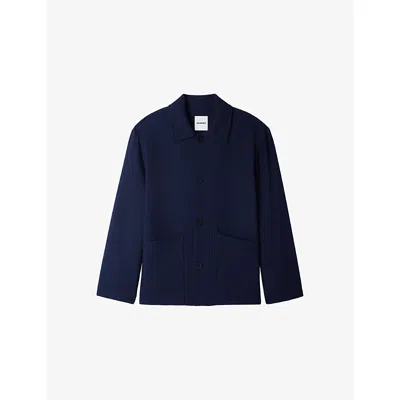 Sandro Mens Midnight Blue Buttoned Long-sleeve Wool Worker Jacket Xl