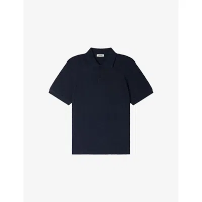 Sandro Mens Midnight Blue Grid-pattern Short-sleeved Cotton Polo Shirt