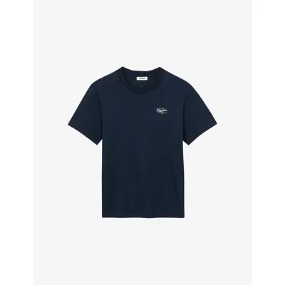 Sandro Mens Midnight Blue Logo-appliqué Short-sleeve Cotton T-shirt Xs