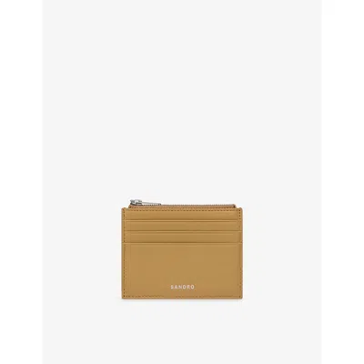 Sandro Mens Natural Zipped Logo-embossed Leather Cardholder In Brown