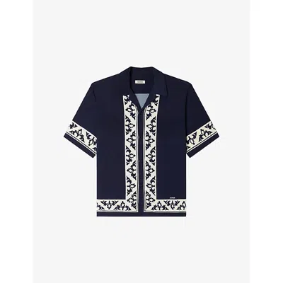 Sandro Mens Navy Blue Contrast-print Relaxed-fit Woven Shirt