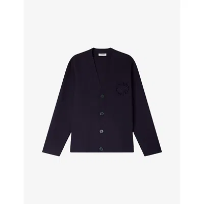 Sandro Mens  Crochet-flower V-neck Knitted Cardigan In Blue