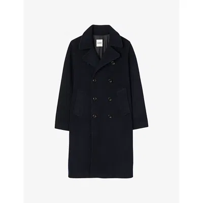 Sandro Mens Navy Blue Lapel-collar Double-breasted Wool Coat In Black