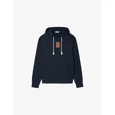 Sandro Mens Navy Blue Leather-patch Relaxed-fit Cotton-jersey Hoody Xl