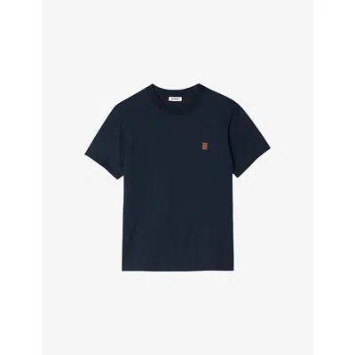 Sandro Mens Navy Blue Logo-patch Crewneck Cotton T-shirt