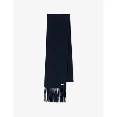 Sandro Mens Navy Blue Logo-plaque Fringed Wool Scarf