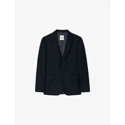 Sandro Mens Navy Blue Notched-lapel Single-breasted Wool Blazer