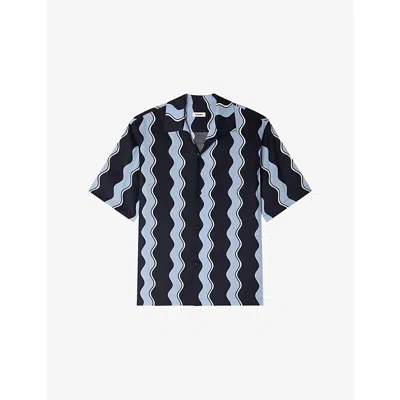 Sandro Mens Navy Blue Printed Short-sleeve Linen-blend Shirt