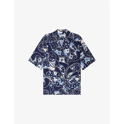 Sandro Mens Navy Blue Retro-print Short-sleeved Woven Shirt