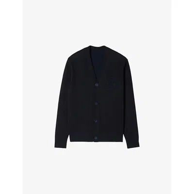 Sandro Mens Navy Blue Rope-embroidered Regular-fit Knitted Cardigan In Black