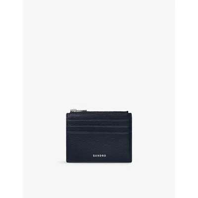 Sandro Mens Navy Blue Zipped Logo-embossed Leather Cardholder