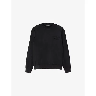 Sandro Mens Noir / Gris Logo-embroidered Crewneck Cotton Sweatshirt