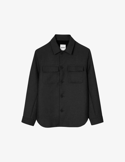 Sandro Mens Noir / Gris Patch-pocket Relaxed-fit Woven Overshirt