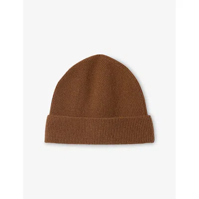 SANDRO MENS COGNAC RIBBED CASHMERE BEANIE HAT