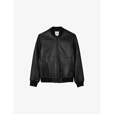 SANDRO MENS NOIR / GRIS RIBBED-TRIM REGULAR-FIT LEATHER JACKET XS