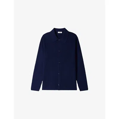 Sandro Mens Royal Blue Ribbed Long-sleeve Knitted Shirt