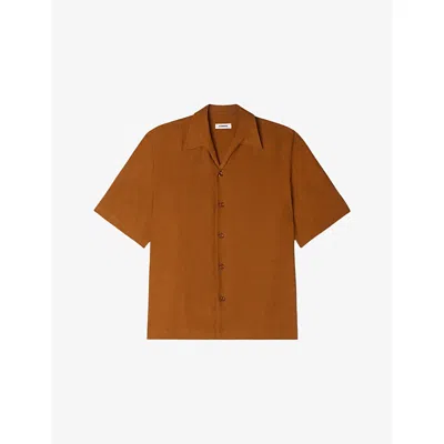 Sandro Mens Whisky Collared Relaxed-fit Linen Shirt In Brown