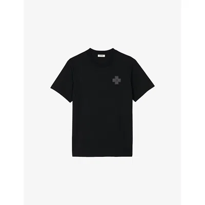 Sandro Mens  Cross Patch Round-neck Cotton T-shirt In Noir / Gris