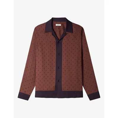 Sandro Mens  Cross-pattern Long-sleeved Woven Shirt In Tobacco Brown