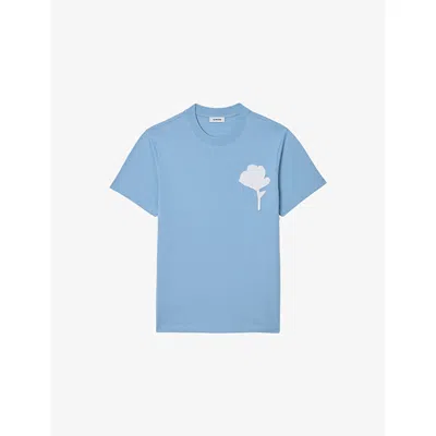 SANDRO MENS CHAMBRAY FLORAL-APPLIQUÉ REGULAR-FIT COTTON-JERSEY T-SHIRT