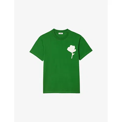 SANDRO MENS LIME FLORAL-APPLIQUÉ REGULAR-FIT COTTON-JERSEY T-SHIRT