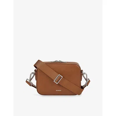 Sandro Mens Cognac Logo-embossed Leather Shoulder Bag In Brown